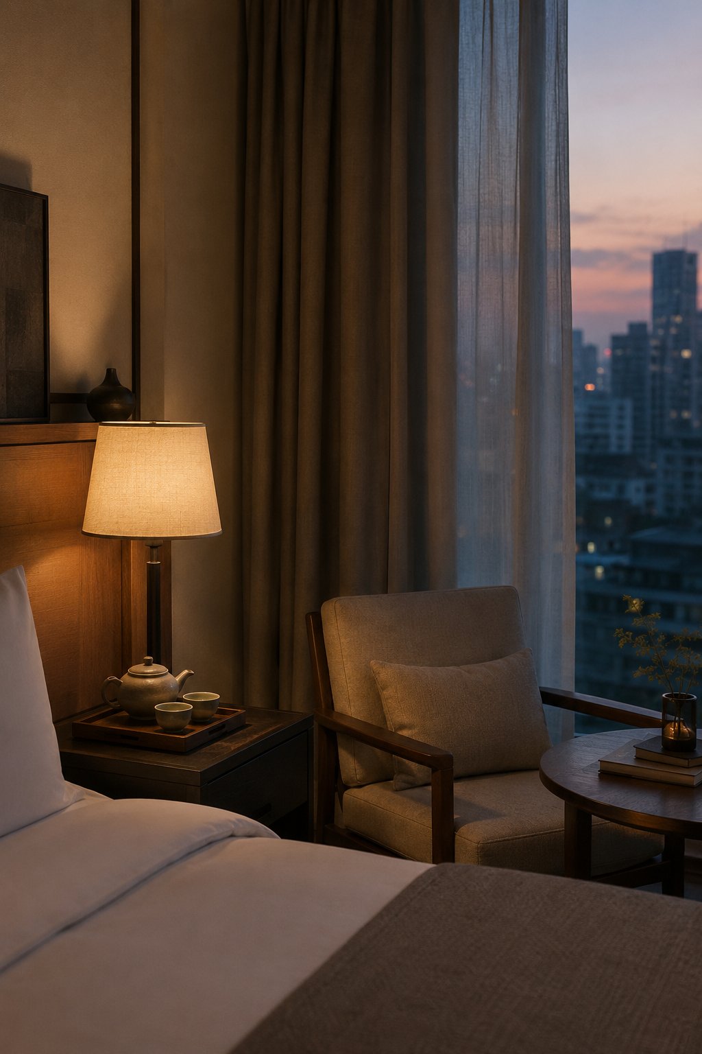 Calm hotel room with city view at dusk