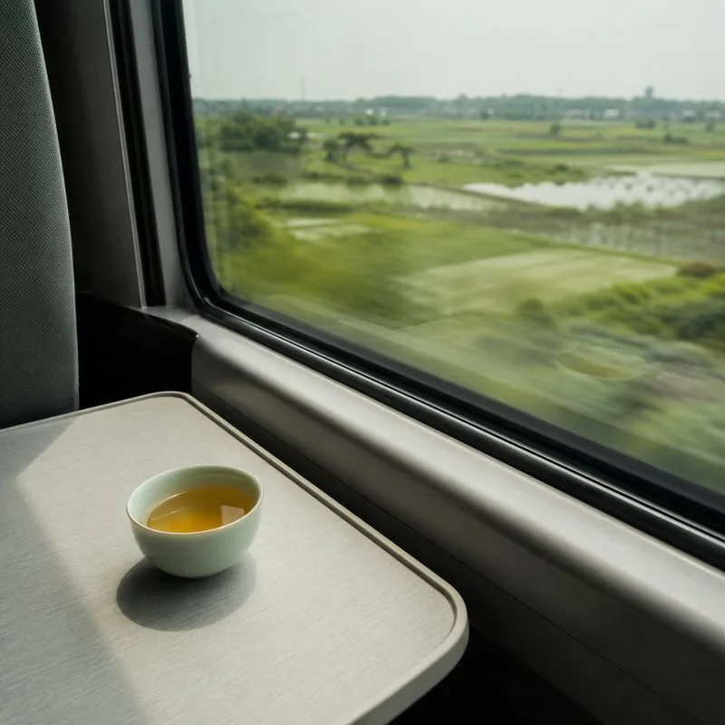 A cup of tea beside a train window, with the countryside passing outside
