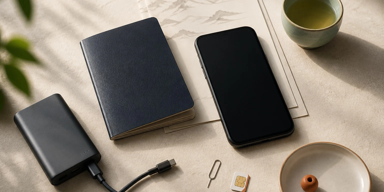 Editorial illustration of a phone, notebook, charging cable and travel essentials on a table