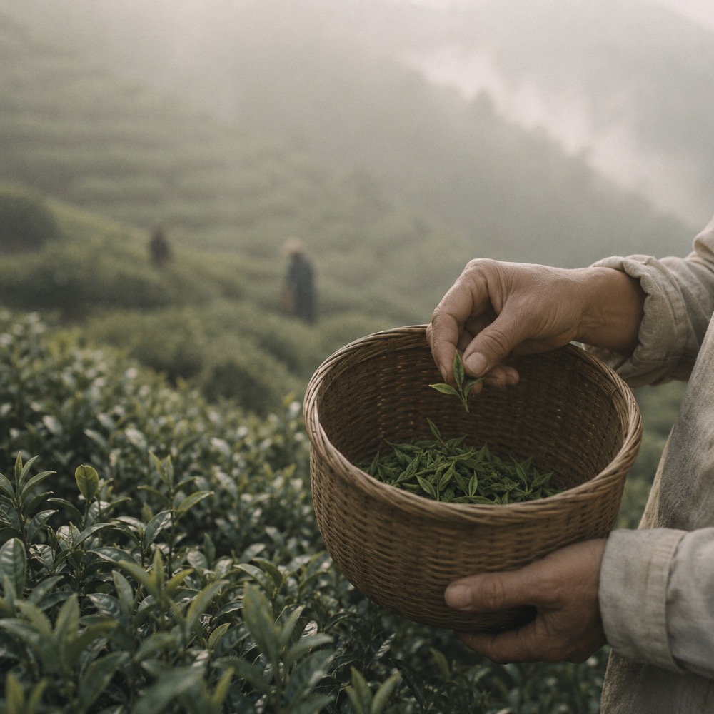 Misty mountain tea terraces at dawn