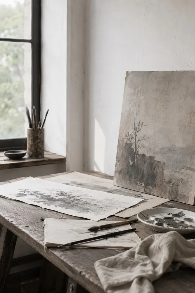 Ink brushes, paper and a finished landscape study on a worn wooden desk