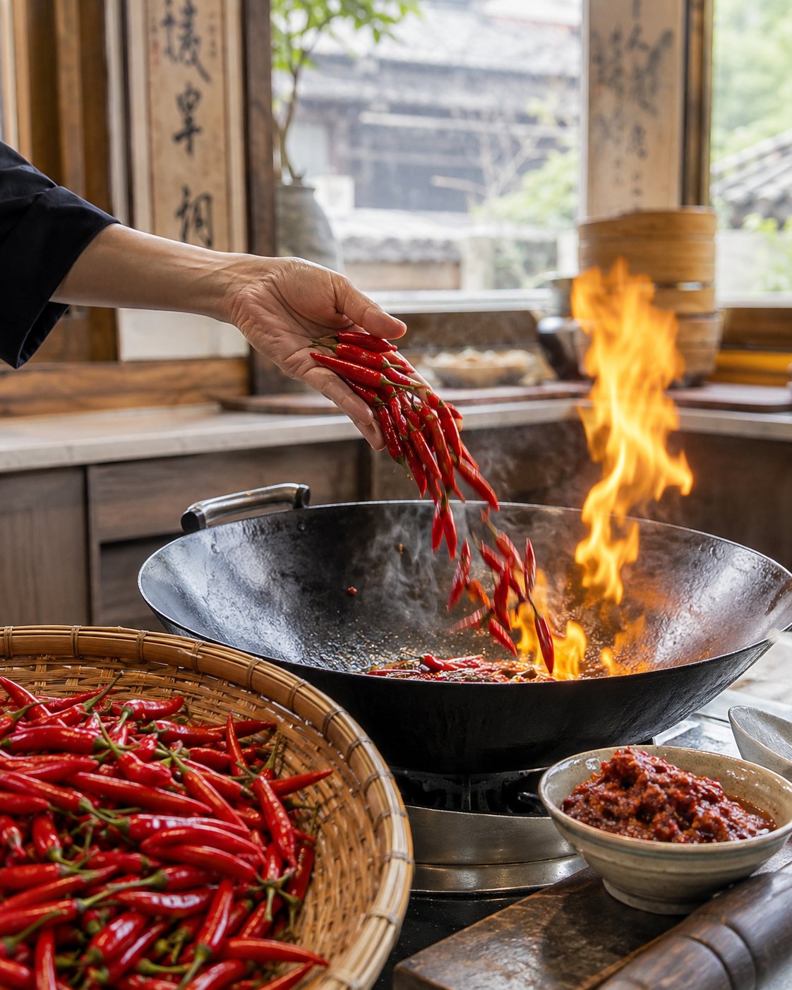 A hand dropping fresh red chillies into a flaming wok