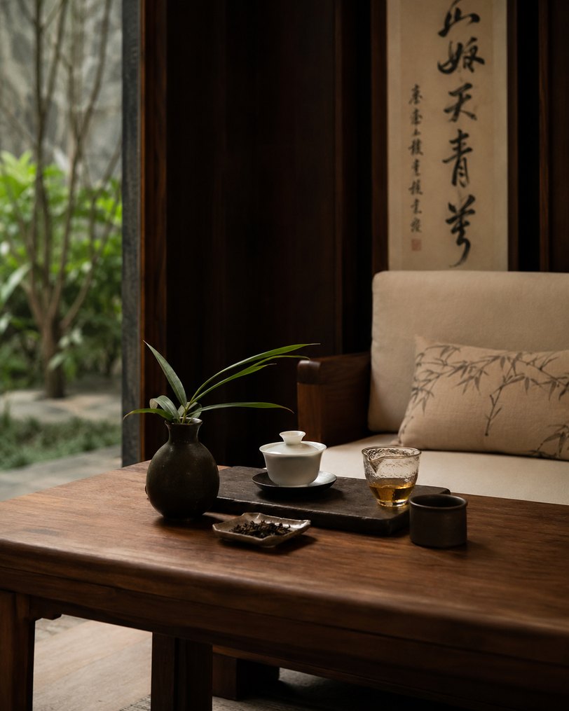 Gaiwan tea set on a low table in a quiet Chengdu interior