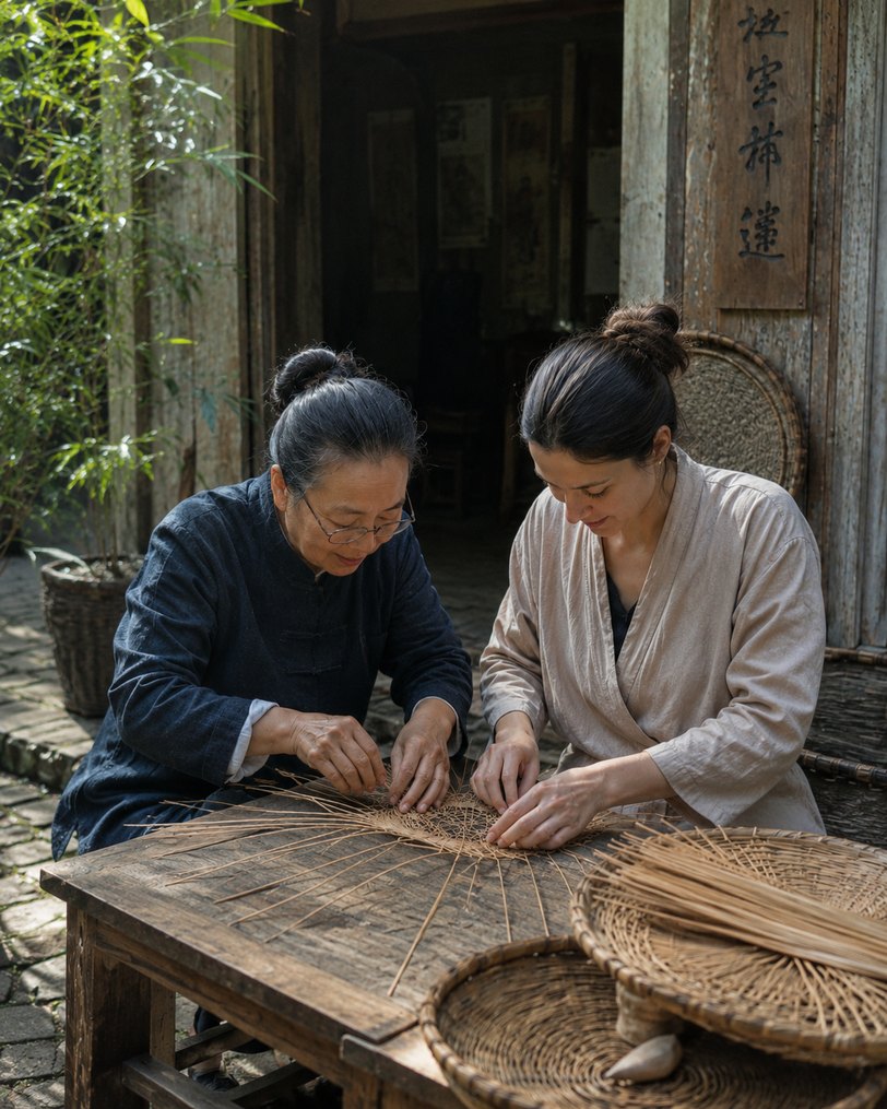 Hands weaving bamboo strips at a wooden table in Daoming Village