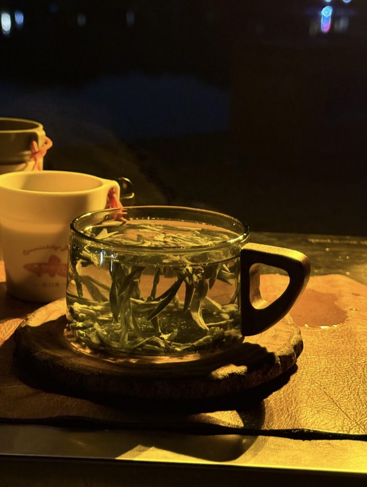 Backlit glass cup of green tea with leaves suspended in the water