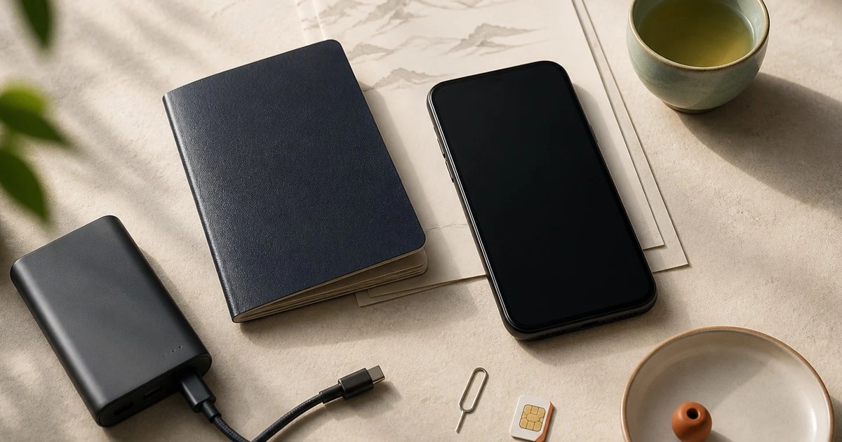 Editorial illustration of a phone, notebook, charging cable and travel essentials on a table