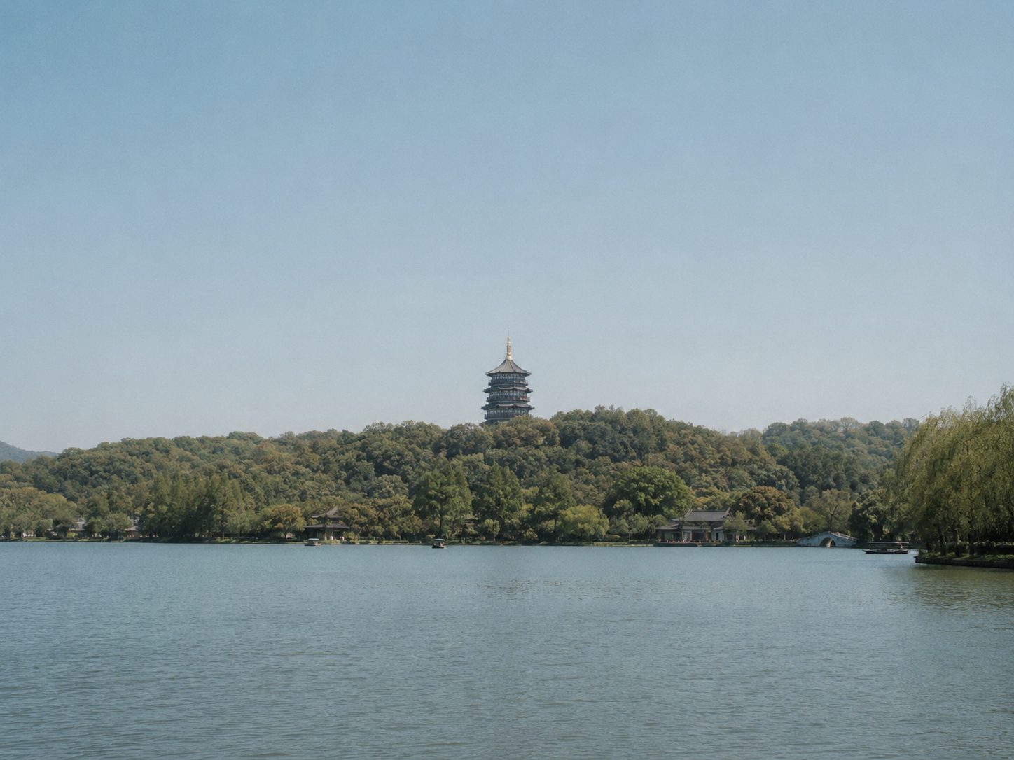 West Lake and Hangzhou tea hills in soft light