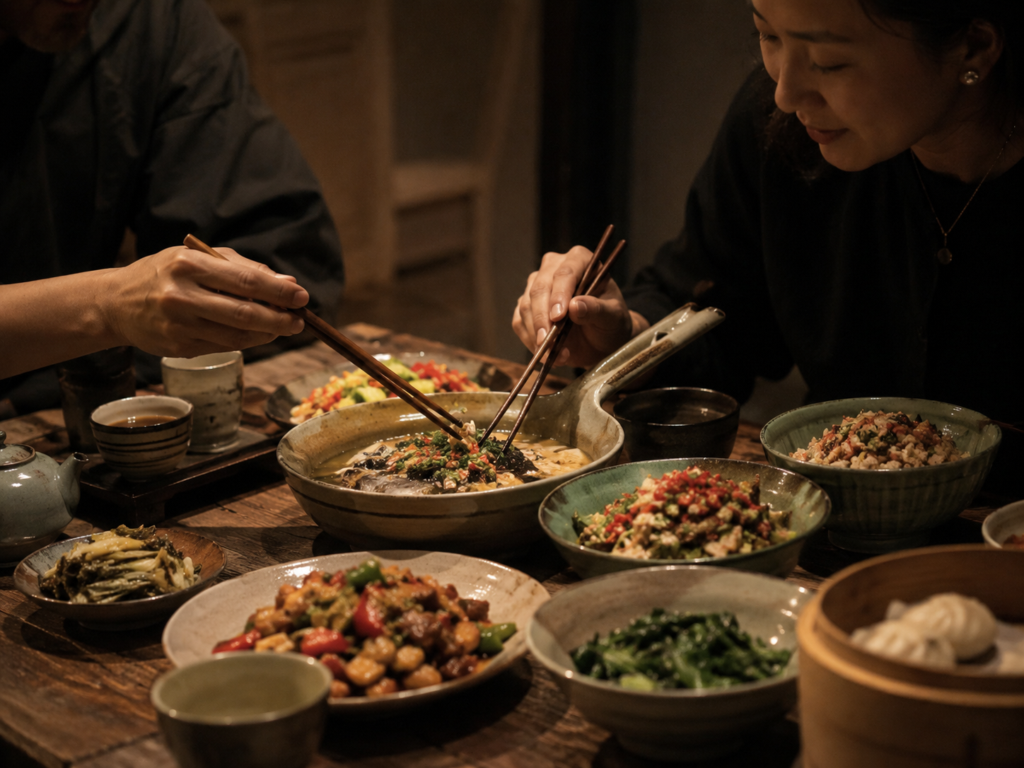 A table spread with regional home dishes shared with chopsticks in warm light